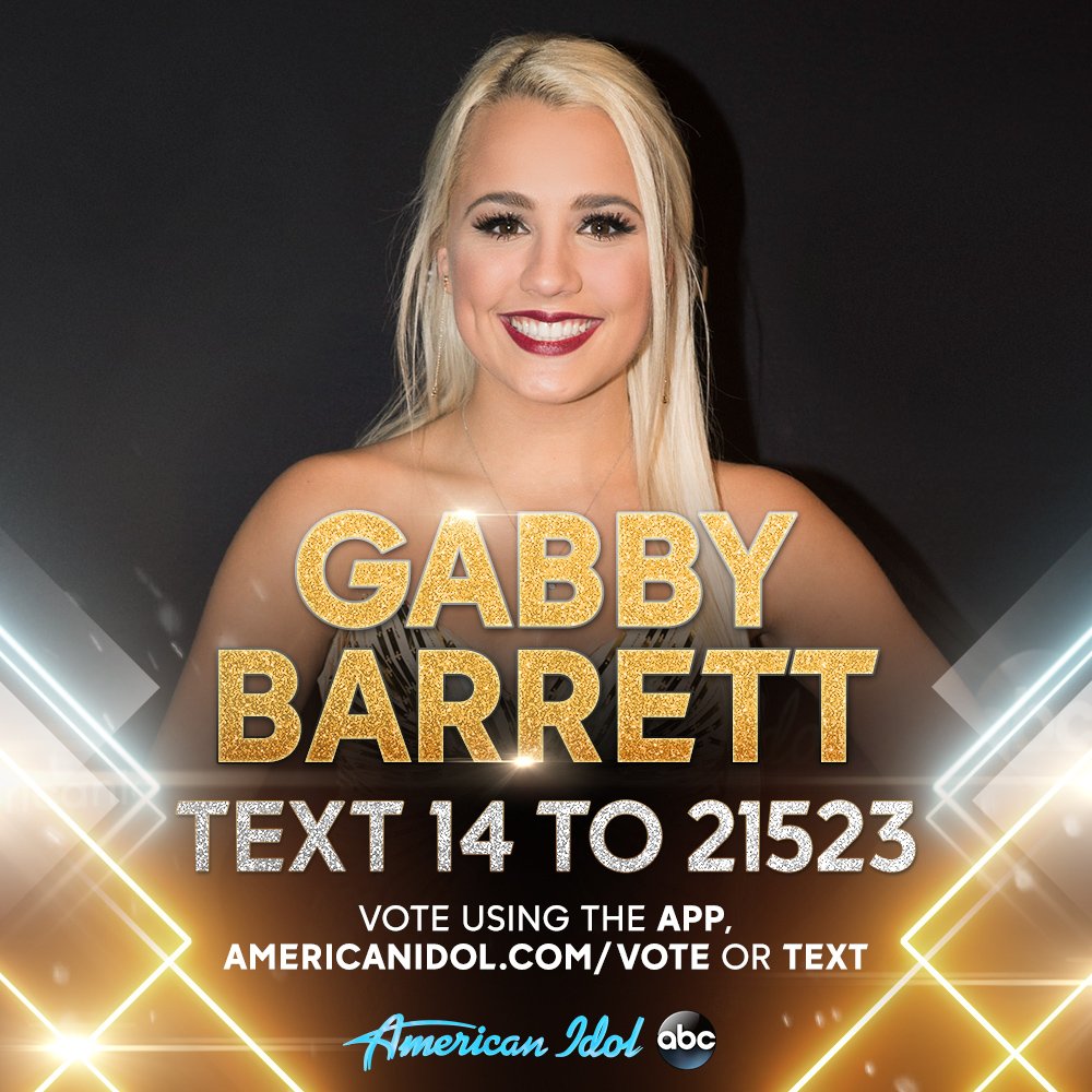 American Idol (@americanidol) on Twitter photo To vote for <a href="/GabbyBarrett_/">Gabby Barrett</a>, use the American Idol app, go to americanidol.com/vote, or text using the information below 👇 #AmericanIdol #IdolFinale To vote for <a href="/GabbyBarrett_/">Gabby Barrett</a>, use the American Idol app, go to americanidol.com/vote, or text using the information below 👇 #AmericanIdol #IdolFinale