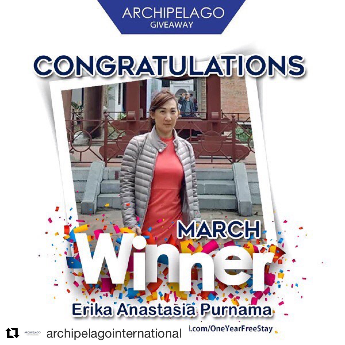 Congratulations to Erika Anastasia Purnama as the winner of #ArchipelagoGiveaway in March 2018! Download the #ArchipelagoMembership app, register yourself and be the next winner!
.
.
For full details, check our website at ArchipelagoInternational.com/OneYearFreeStay