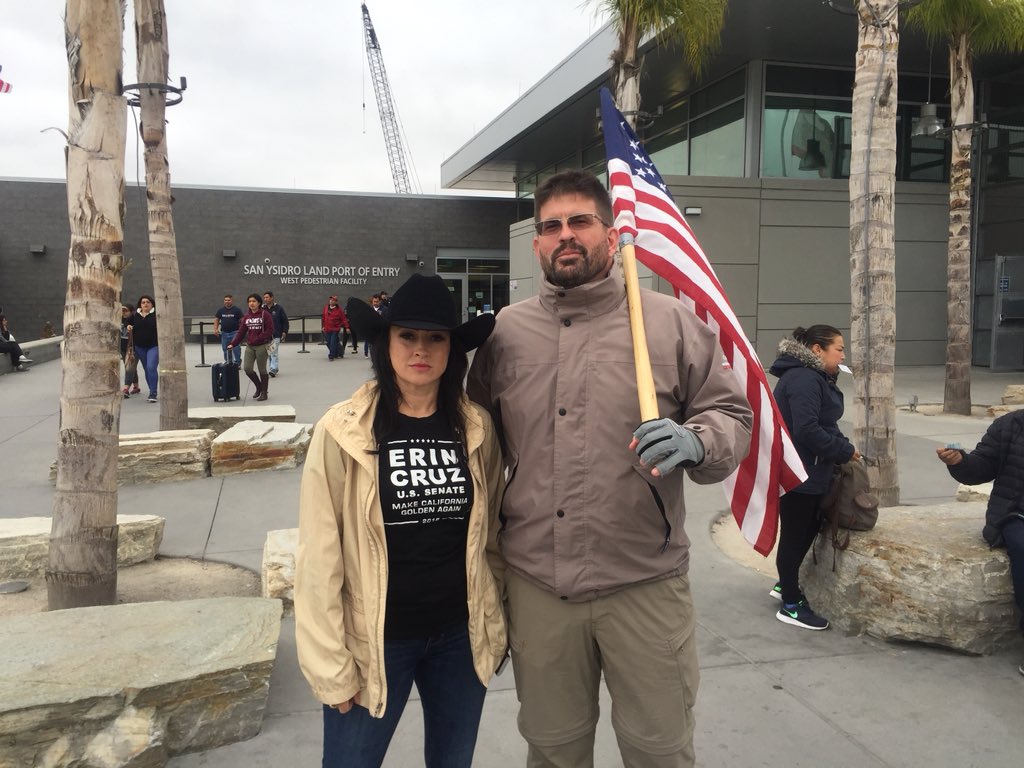 We were at the border and received a warm welcome from many ... and then there are those who didn’t quite like us waving Ole Glory. #ThisLandIsOurLand 🇺🇸❤️ @KernUnited Donate to my fight to #FireDiFi tinyurl.com/ErinCruz