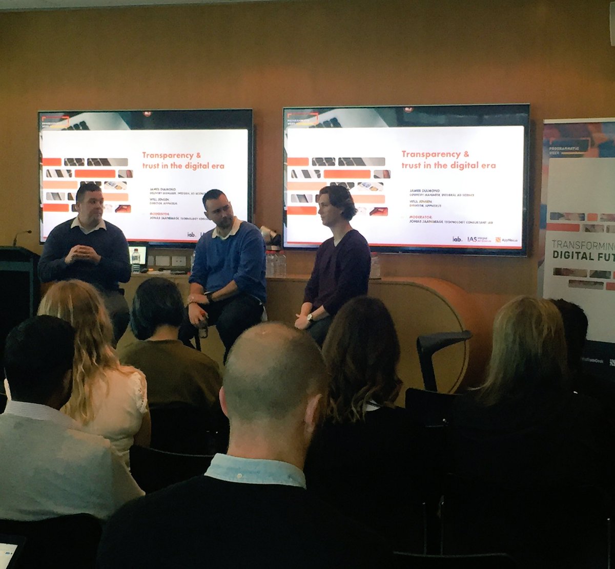 AmnetANZ's tweet photo. How to build trust with transparency and brand safety in Programmatic @adjaani @IABAustralia, Will Jensen @AppNexus &amp; James Diamond @integralads 
#programmaticweek @DentsuAegisANZ https://t.co/TBl6BVqoLK
