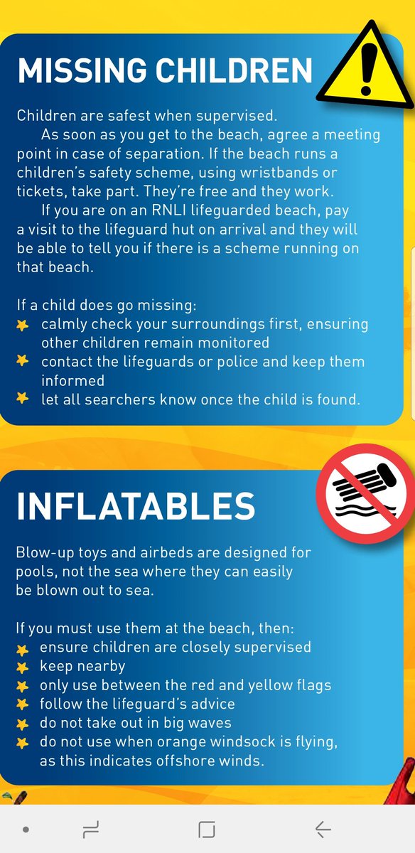Safety advice for lost children and inflatables. If you see anyone in danger please phone 999 and ask for coastguard.