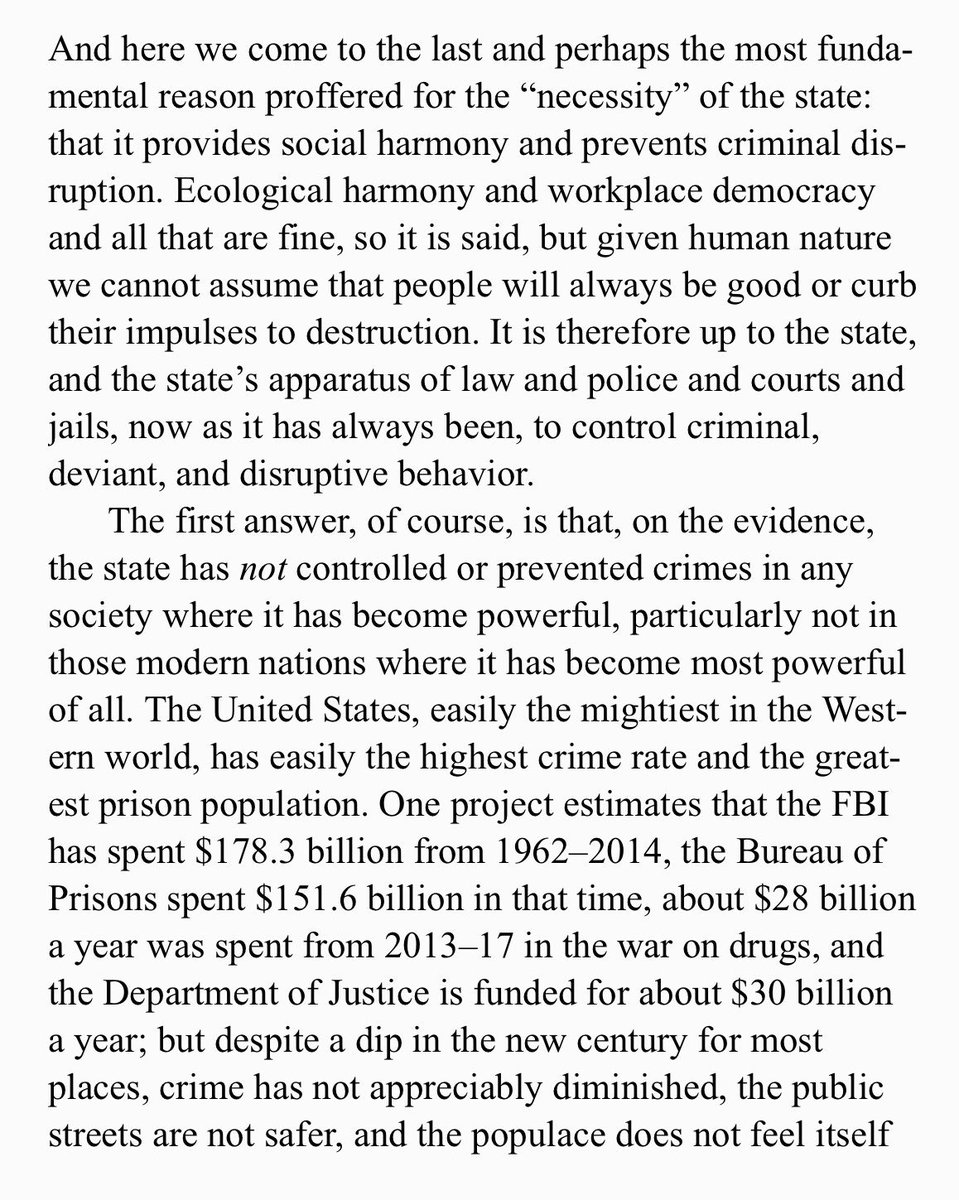 Kirkpatrick Sale on how one of the main selling points of the state is to uphold law and order. Sale doesn’t mention it for obvious reasons, but the larger the state the more diversity the more laws the more enforcement the higher costs the more state.... etc. etc.