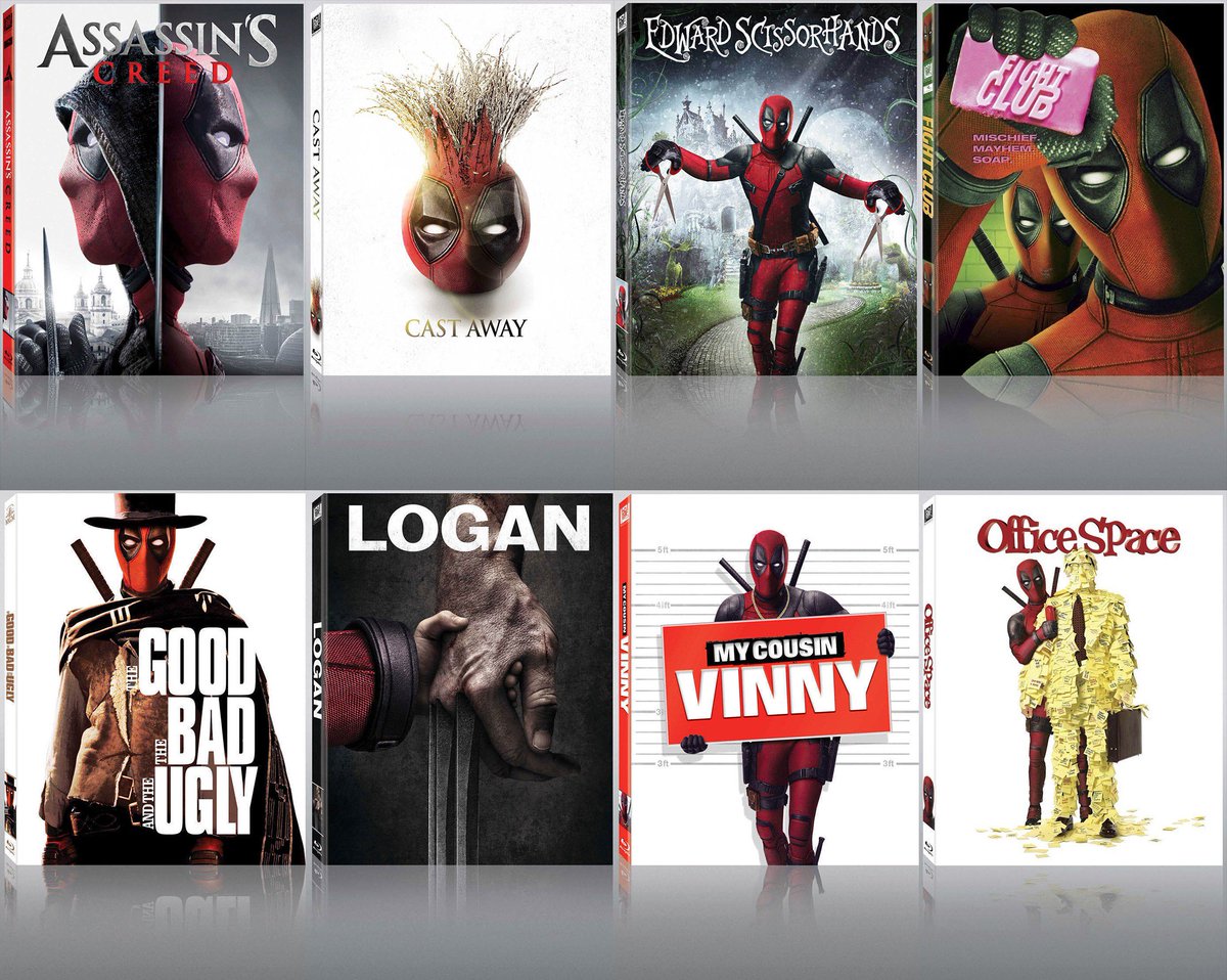 AdamRackoff's tweet photo. Every single Blu-ray slipcover 'photobombed' by #Deadpool . https://t.co/Ke1PmHg6Uc