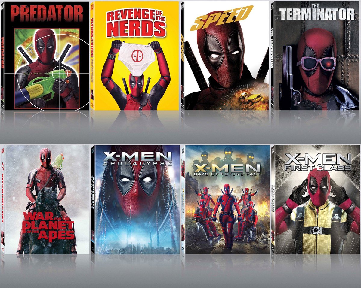 AdamRackoff's tweet photo. Every single Blu-ray slipcover 'photobombed' by #Deadpool . https://t.co/Ke1PmHg6Uc