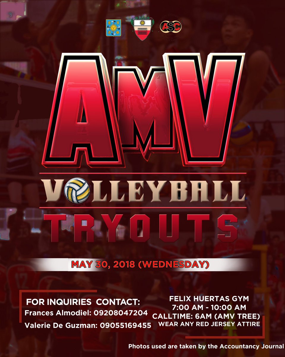 ustamvwvt's tweet photo. AMV WOMEN'S VOLLEYBALL TEAM SUMMER TRY OUT‼️

May 30, 2018 ( Wednesday)
7:00 am - 10:00 am
Felix Huertas Gym

Calltime: 6:00AM (AMV TREE)
Wear any RED Jersey attire

Bring Tumblers and Extra Clothes

See you there! 😊
#RedNation ❤️💪🏽 https://t.co/5reShxH9vw
