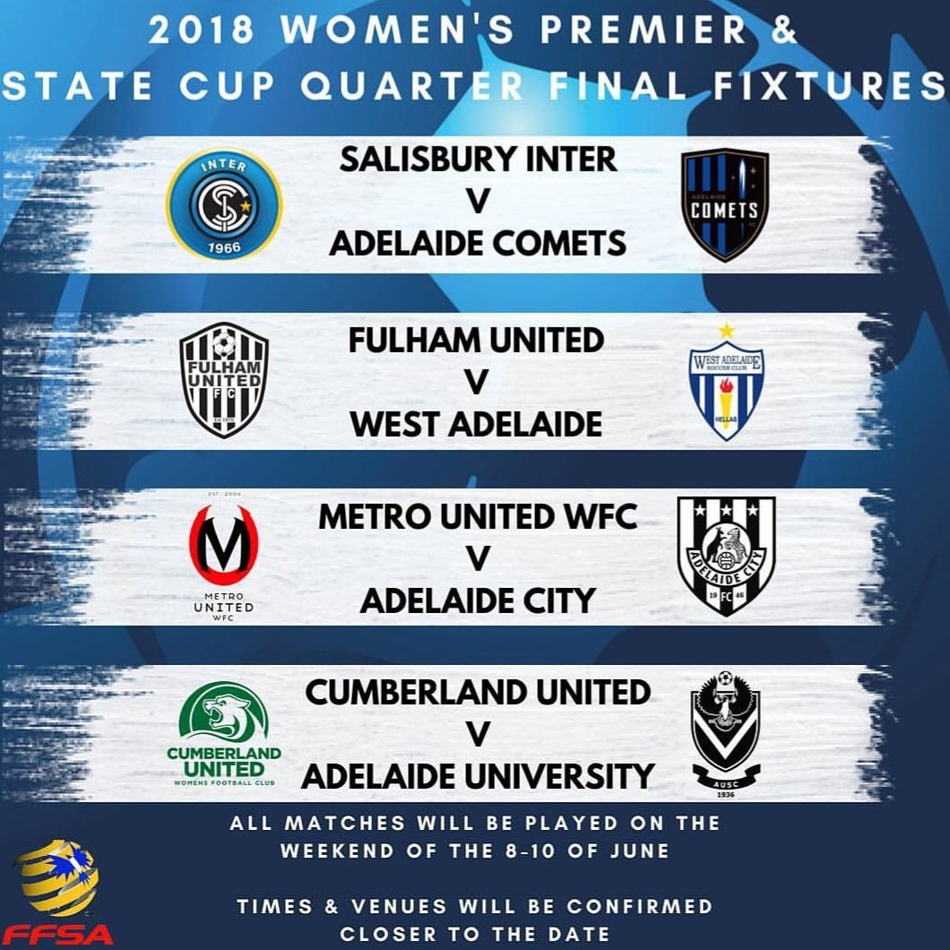 MetroUnitedWFC's tweet photo. SAVE THE DATE
Womens Premier/State Cup Quarter Final.

We've drawn arch rival @AdelaideCityFC in the Cup Quarter Final.
Matches to be played on the weekend of 8-10 June (long weekend). 
Exact date and venue to be confirmed at the end of the week. https://t.co/h3D95VzBpe