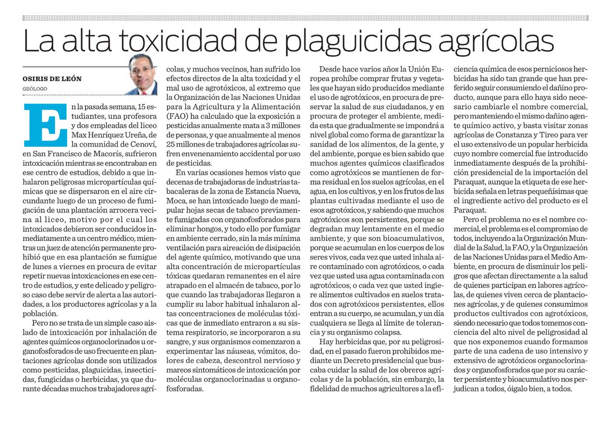 Osirisdleon's tweet image. Nuestro artículo de este lunes publicado en el periódico elCaribe: La alta toxicidad de plaguicidas agrícolas. @SorayaCastroLL @manegonte @LunaValienteRD @JCastroLLibre @FelizGlenis @jpeguerop @ONUMedioAmb @FAOAmericas @opsoms @GinaAlmonteHdez @Miralba @UNICEFRD @ambienterd