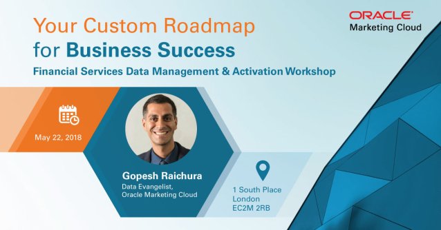 AmoghPatil08's tweet photo. Join Oracle for this exclusive Financial Services workshop event and participate with like-minded peers to get to the heart of having a Data Management and Activation strategy for your business. Walk away with your very own custom roadmap, which will... https://t.co/oW508BBQkj https://t.co/3mWD4GQzht