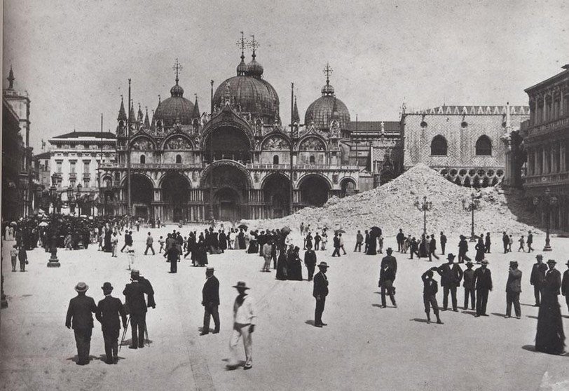 Picture of Cathedral of San Marco in 1902 St. Mark’s bell tower falls to the ground due to the enlargement of a crack caused by a lightning