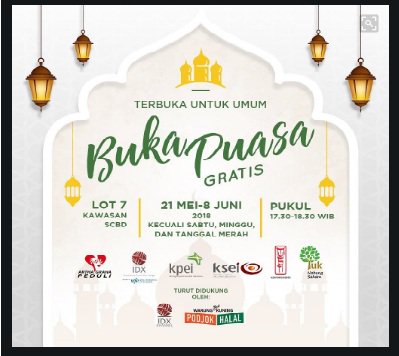 DinaBellina's tweet photo. Buka Puasa Gratis bagi masyarakat untuk kedua kalinya. Acara yang terbuka untuk umum ini diselenggarakan di Kawasan SCBD Lot 7, 21 Mei – 8 Juni 2018 mulai pukul 17.30-18.30 WIB kecuali hari Sabtu/Minggu dan hari Libur #pasarmurah #agpeduli #agppasarmurah https://t.co/WahodQusOh