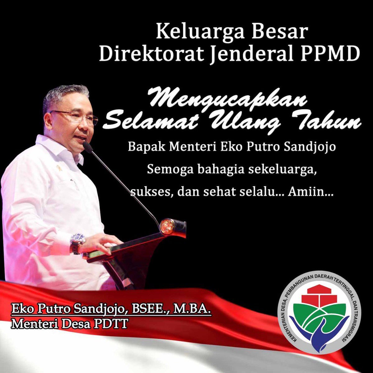 BSukohadi's tweet photo. Selamat Ulang Tahun Bpk Mentri Desa PDTT : Eko Putro Sandjojo, semoga umurnya tambah Berkah, Sehat dan Sukses selalu Aamiin3x Ya Robbal Aalamiin.
@EkoSandjojo 
@taufikmadjid71 
@fachrilabalado 
@kpw4jatim 
@DewantoAndry https://t.co/kYlGCrYM2Z