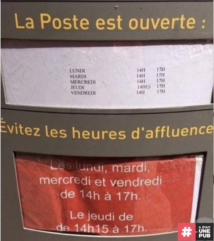 Il Etait Une Pub On Twitter Ah Ok Et Pour Le Lundi De Pentecote Laposte Horaires Lol Affluence Pentecote Signaletique Paslematin Quandcaveutpascaveutpas Https T Co Vbmw6jefyd