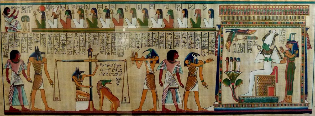HistoProfer's tweet photo. Aquí vemos una imagen general de la #Psicostasia o #PesajeDeAlmas donde aparecen todos los actores importantes: #Difunto, #Anubis, #Osiris, #Tot y la #Devoradora https://t.co/6QsToGPIKv