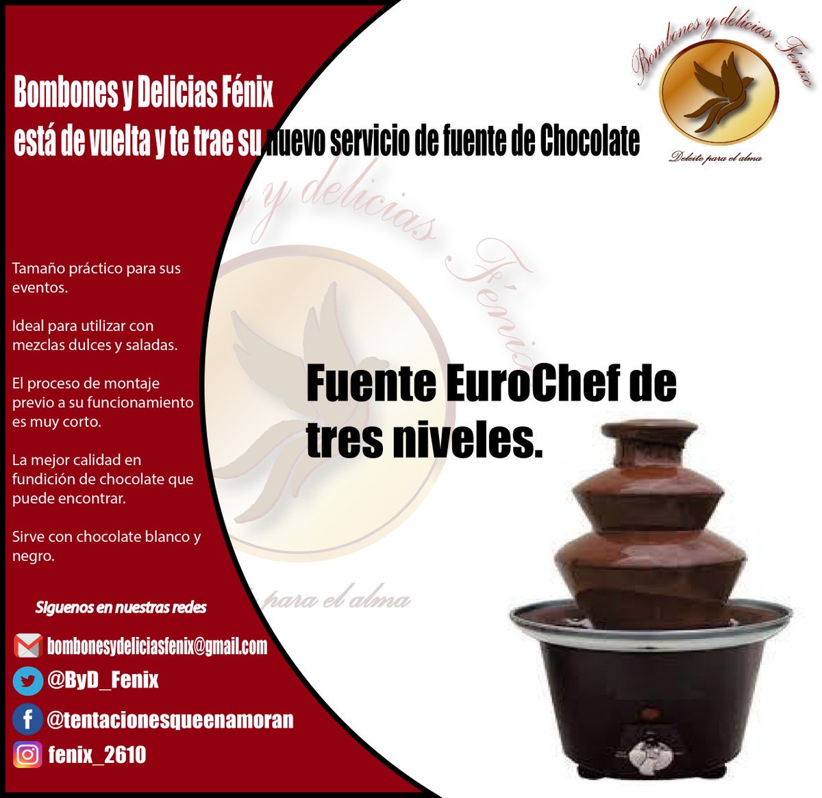 ByD_Fenix's tweet photo. Bombones y Delicias Fénix siempre te ofrece lo mejor. Por ello traemos nuestro servicio de #fuentedechocolate . Contactanos para saber más al respecto https://t.co/3xz1fjtRS7