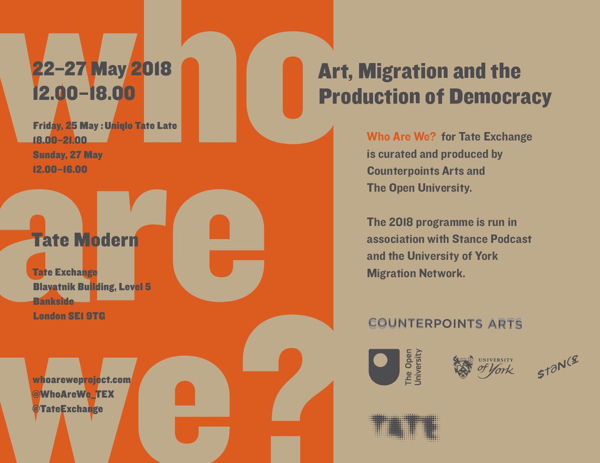 WhoAreWe_TEX's tweet photo. We are installing #WhoAreWeProject today. Months of hard work and planning, amazing conversations with old and new partners + artists. We see it as a call to action and invite everyone to come  @TateExchange to participate and explore, learn and teach, connect and witness. @Tate https://t.co/3gdaYjyuZ2