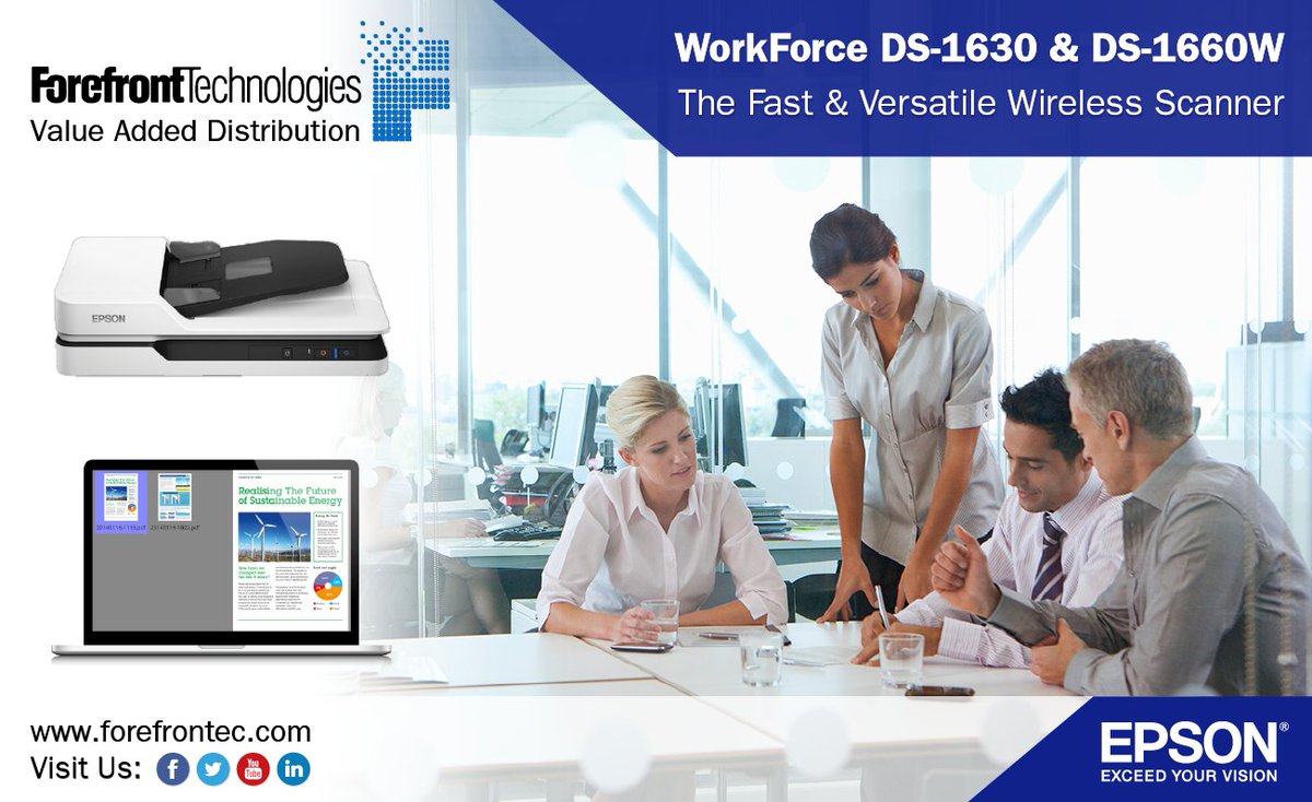 ForeFrontTec's tweet image. The #WorkForce #DS 1630/1660 from @EpsonUK is a fast and versatile #WirelessScanner, with the smallest footprint in its class and a high-speed #ADF for enhanced productivity!
#forefrontecdxb #ftsl #VAD #Scanner #Capture #Reliability #MarketLeadingImaging #DominateDigitization