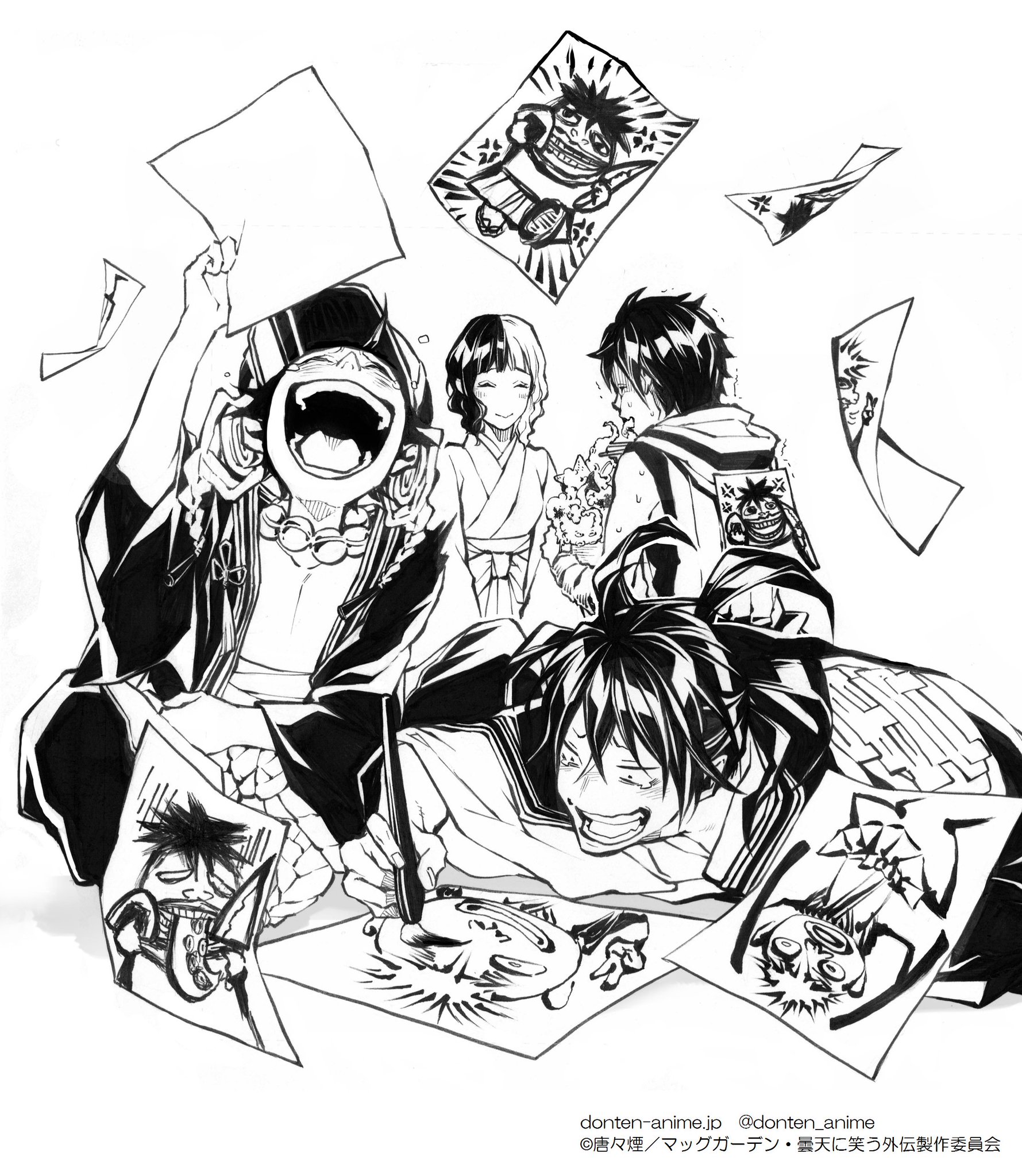 アニメ 曇天に笑う 外伝 公式 Twitterissa 天火さんと宙太郎さんが描いた似顔絵を見て似ていないと言いながら とても嬉しそうでした 私が作った料理も喜んで食べてくださいました 空丸様の笑顔は私の幸せです 曇天に笑う 曇天外伝 錦の日記