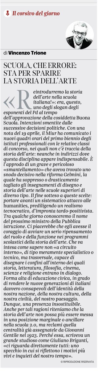 roma7maggio's tweet photo. sparizione futura di #StoriaDellArte @vincenzo_trione 
"Tra qualche giorno conosceremo il nome del prossimo ministro @MiurSocial. Ci piacerebbe che egli avesse il coraggio di avviare un serio ripensamento del ruolo e della funzione nei programmi scolastici della #StoriaDellArte" https://t.co/uJtpQpy3BW