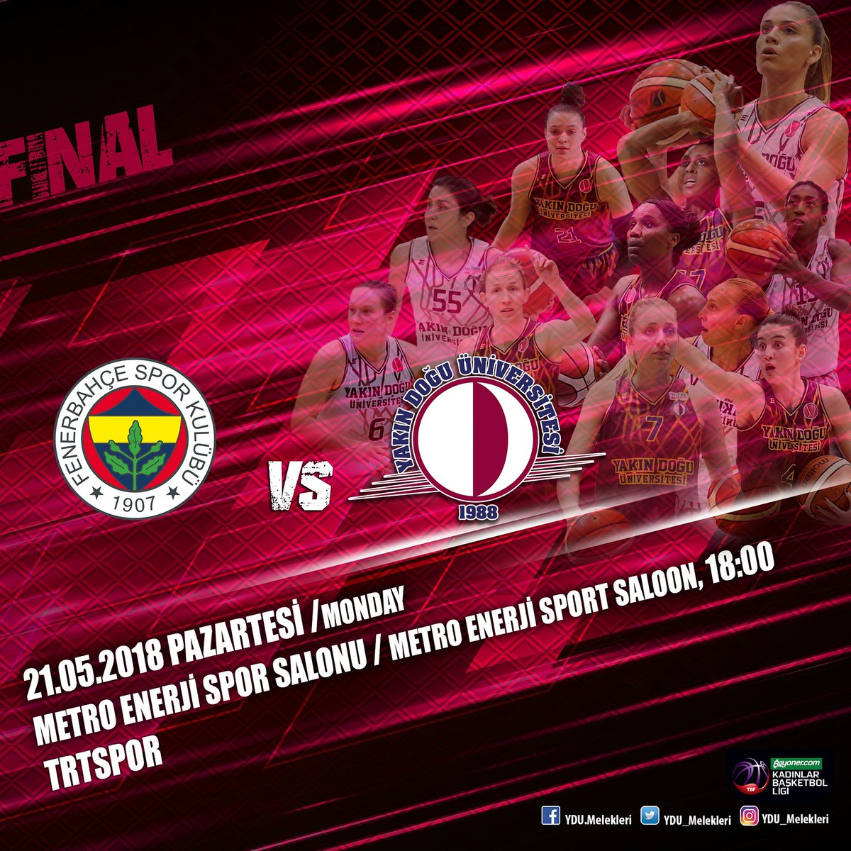 #YakınDoğuÜniversitesi , Fenerbahçe ile bugün, final serinin dördüncü maçında karşı karşıya geliyor. Metro Enerji Spor Salonu'nda saat 18:00'de başlayacak müsabaka, TRT Spor'dan naklen yayınlanacak.
#kbsl #playoffs #GameDay
