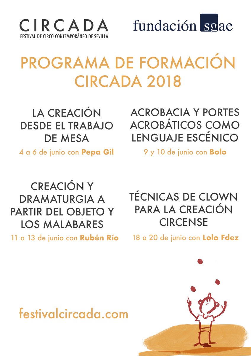 FestivalCircada's tweet photo. Últimas plazas para los intensivos del plan de #formación2018 en colaboración con @fundacionsgae, ¡qué buena acogida!
Puedes consultar toda la información de los cursos en: https://t.co/BIBvmzyp5s
#CIRCADA2018 #circosincomplejos https://t.co/vwf8OzJP1o
