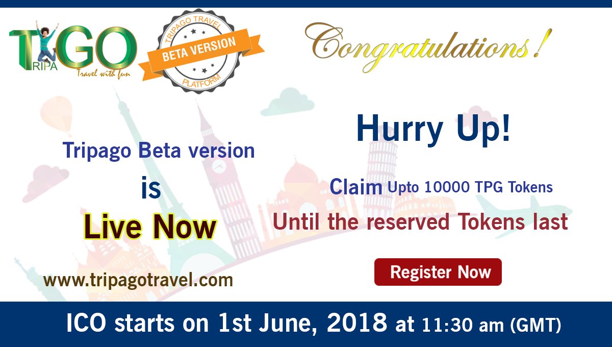 Tripago Beta version is LIVE now! Join and Claim upto 10000 TPG Tokens... For more details visit: tripagotravel.com 
#tripagotravel #ICO #TPG #referral #bounty #airdrop #blockchain