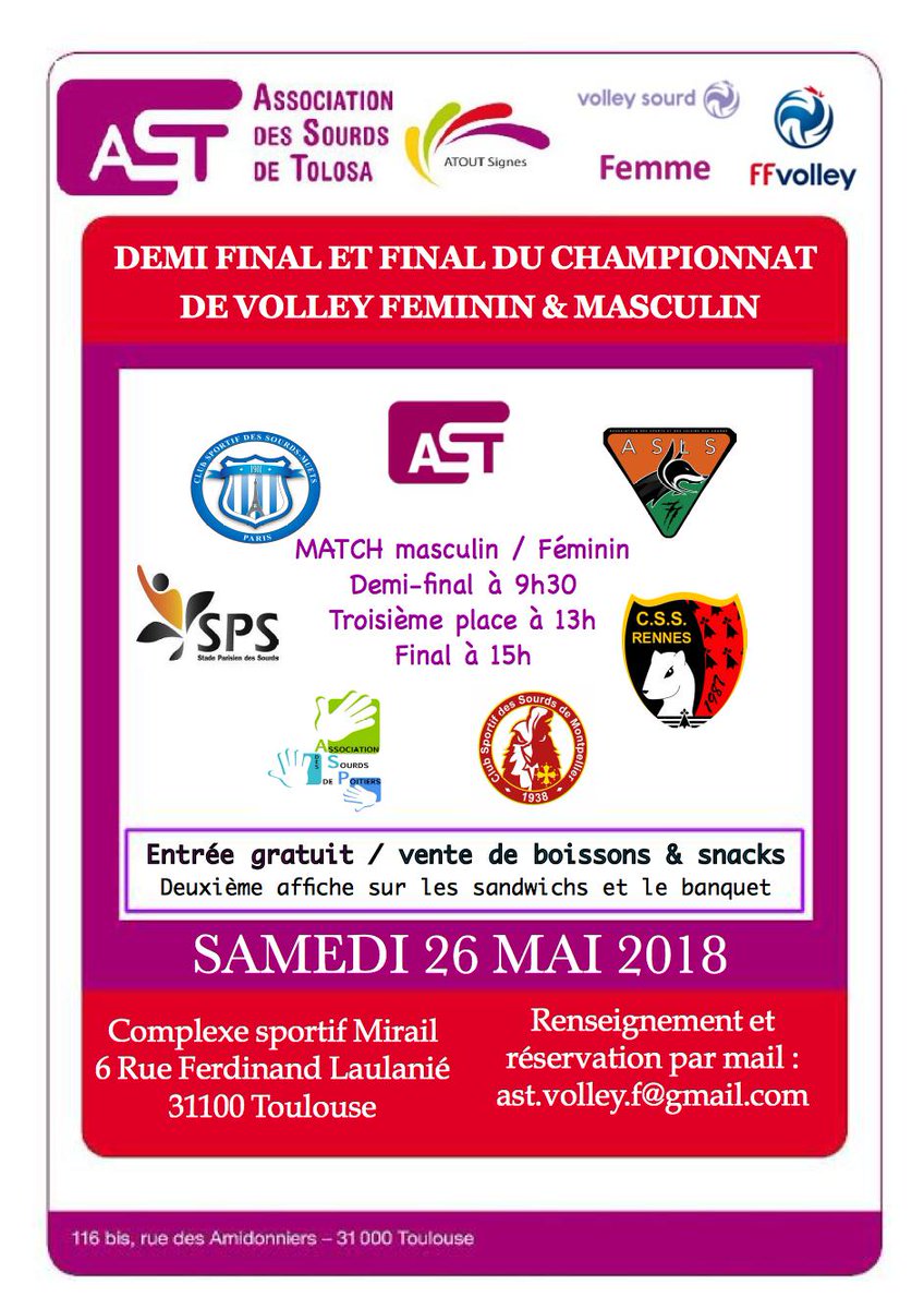 PHASES FINALES CHAMPIONNAT DE FRANCE VOLLEY SOURD Samedi 26 mai, SPS contre Poitiers chez les garçons, contre toulouse chez les filles en demies ! #FFVolley #ParaVolley #VolleySourd
