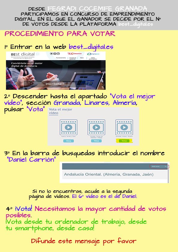 FEGRADI's tweet photo. @FEGRADI participa en el concurso de #EmprendimientoDigital de @best_digital_ , necesitamos votos para que nuestro proyecto salga adelante, por ello os dejamos los pasos necesarios para poder votar el vídeo del @danicarrionf, dentro del siguiente enlace https://t.co/aGOEIFUKCB 🙂 https://t.co/4N2vK4Ugmy