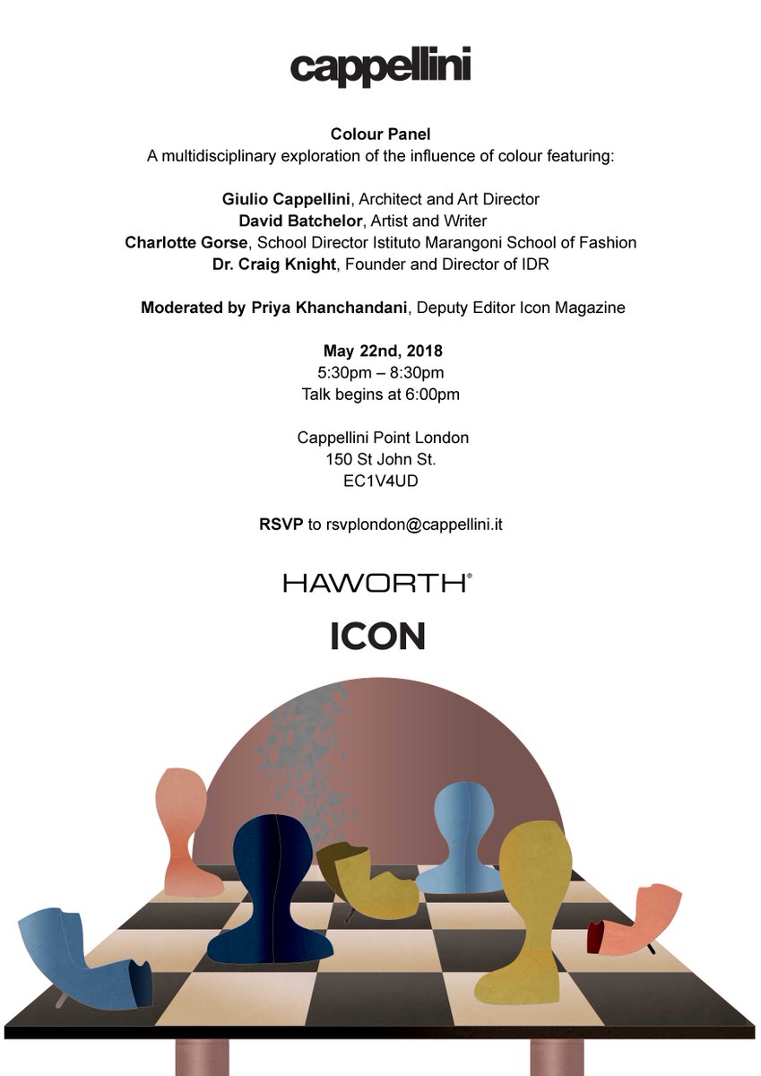 iconeye's tweet photo. The #ICON4Cappellini Colour Panel at #CDW2018 is tomorrow! Featuring Giulio Cappellini, David Batchelor, Charlotte Gorse and Dr Craig Knight and hosted by @Hiyapriya discussing the many ways colour touches our lives. @cappellini_ #CappelliniColours #HAWORTHCOLLECTION https://t.co/A1tW2UazVT
