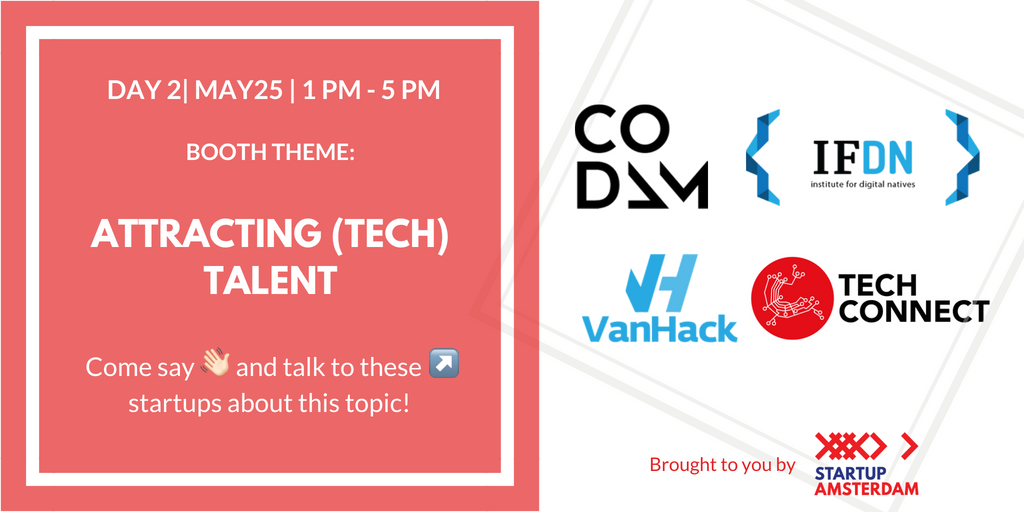 Startup_Adam's tweet photo. Finally, what's a #startup ecosystem without talent? Come meet the people who know how to attract, train and inspire #tech &amp; entrepreneurial talent in #Amsterdam! Friday, MAY25, from 1pm to 5 pm, @Startup_Adam's booth: meet @CodamCollege, @GoVanHack, #IFDN and #TechConnect! https://t.co/pD39J1B0NM