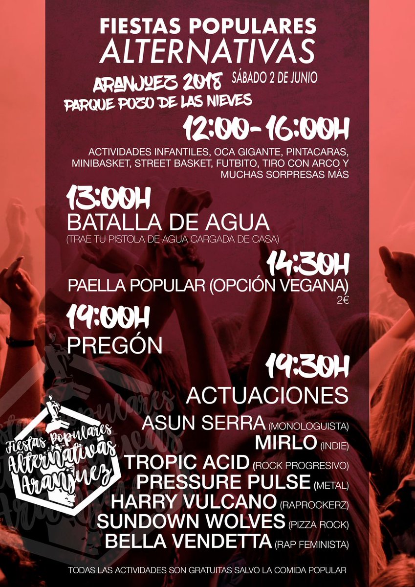 Aranjuez_Altern's tweet photo. El 2 de junio a las 12 en el Pozo de las Nieves de #Aranjuez se harán #FiestasPopularesAlternativasAranjuez con actividades infantiles, deportivas, #BatallaDeAgua, #PaellaPopular con #AsunSerra, #Mirlo
@TropicAcid @harry_vulcano @pressure_pulse @BellasVendettas y #SundownWolves https://t.co/BMyqJtKknW