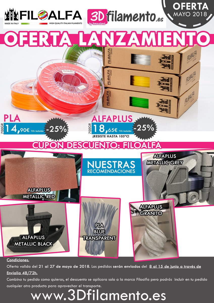 innovaland3d's tweet photo. Promoción de lanzamiento. #PLA y #ALFAPLUS con un 25% de descuento. #Innovaland #3Dfilamento #Oferta3D https://t.co/Ec0T3ywaxE