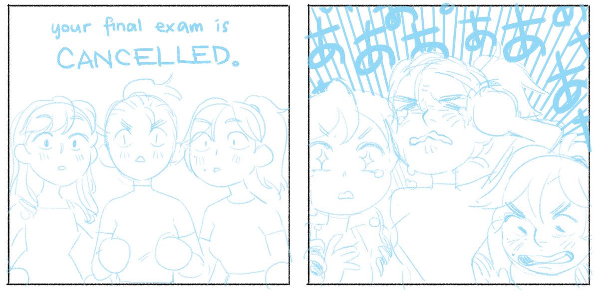 We were supposed to have three final exams over the course of last week for Japanese 10 but our professor decided to cancel the third exam and everyone was so emotional 😔
I couldn't color it bc my body finally gave out but the feelings are still captured