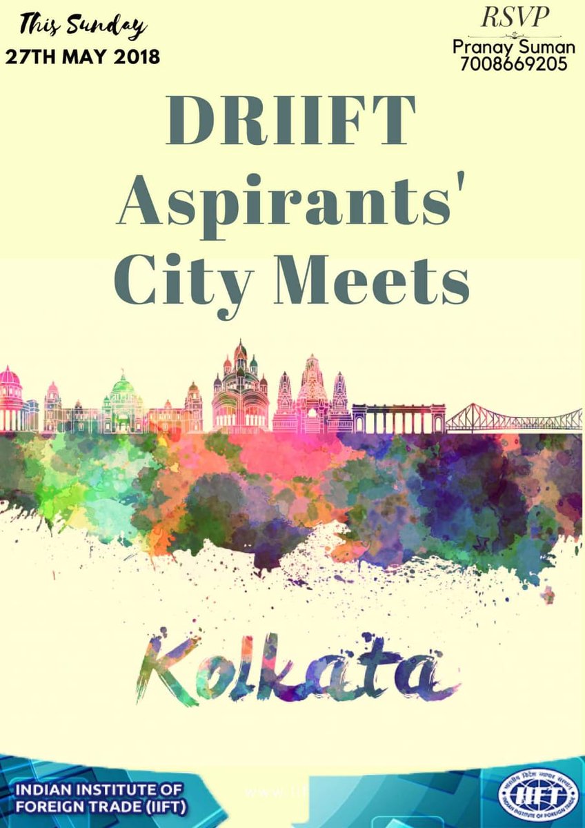 iift1963's tweet photo. IIFT would like to invite the incoming batch to "DRIIFT Aspirants' City Meets" to be held in Delhi, Mumbai, Kolkata &amp; Bengaluru.
It is designed to provide an interface for face to face conversation between the incoming and the senior batch in a not-so-formal environment https://t.co/3hJyWQRAWP