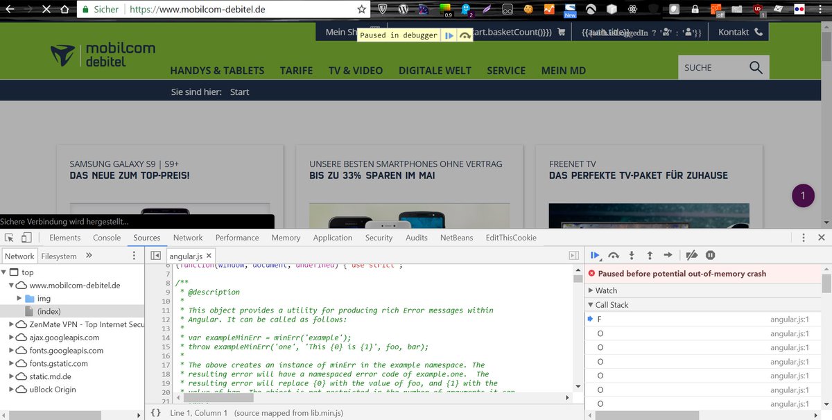 freimuthfischer's tweet photo. @md_zwitschert Äh, was habt ihr eigentlich auf eurer Startseite gemacht, dass mir hier fast der Browser crasht ("Paused before potential out-of-memory crash"), während sich die Seite tot lädt? Läuft auf keinem meiner Rechner... #angularJS #outOfMemory https://t.co/CTmlFCNs3b