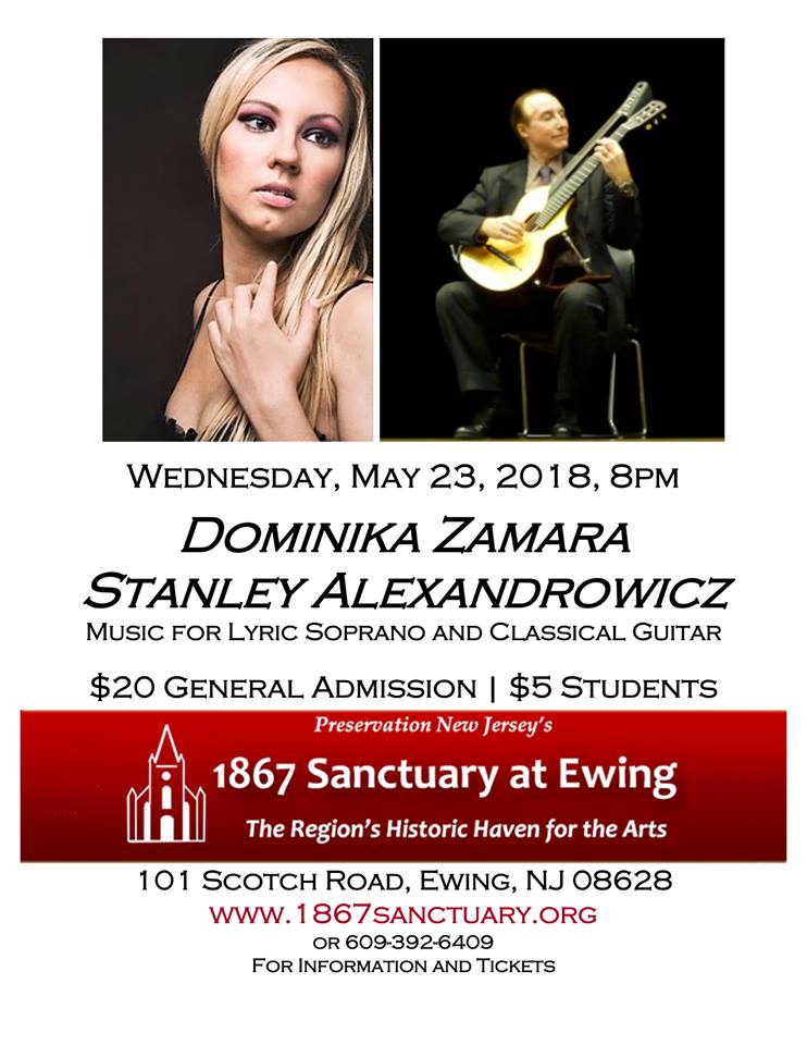 Wednesday May 23 at 8:00 PM 
1867 Sanctuary Performing Arts Center” 
Recital of the Duo Sopran Dominika Zamara and Classical Guitarist Stanley Alexandrowicz 
Info:1867sanctuary.org…/dominika-zamara-soprano-and-sta…/
Tickets 20 dollars
#dominikazamara #Sopranos #America