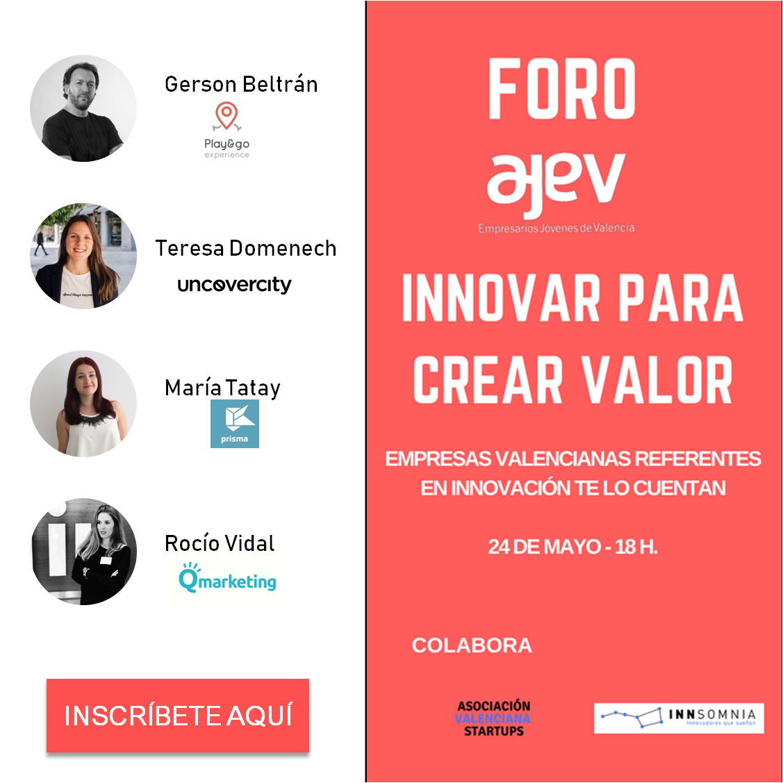 AJEValencia's tweet photo. Foro #InnovAJEV este jueves en @Inn_Somnia donde hablaremos de la #innovación para crear valor de la mano de #jóvenesempresas de gran ejemplo como @beprisma_ @uncovercity @playgoxp @Qmarketingval @Startup_VLC https://t.co/t8Is5EDtD3 https://t.co/VpYggE59Cn