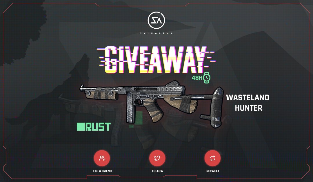 SkinArenaCS's tweet photo. 48H GIVEAWAY! Win: Wasteland Hunter π€©
β
Follow us
β
Retweet & Tag a Friend
β
Join Group: https://t.co/eiVaueDjPk
π Winner will be announced on on Wednesday! Good luck βοΈ
#Skinarena #giveaway #rust #rustgiveaway https://t.co/kkly8eqpBx