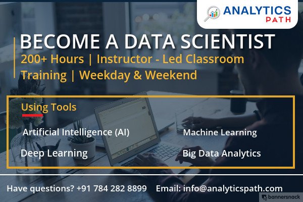 hidhayath16's tweet image. AnalyticsPath Provides The Courses with the best career foundation program.
For Registration : bit.ly/2KI8dVs
For more Information: bit.ly/2nBKnzW
#DataAnalysist#Artificalintelligence #Machinelearning#DeepLearning #DeepLearningwithTensorFlow #BigDataAnalytics