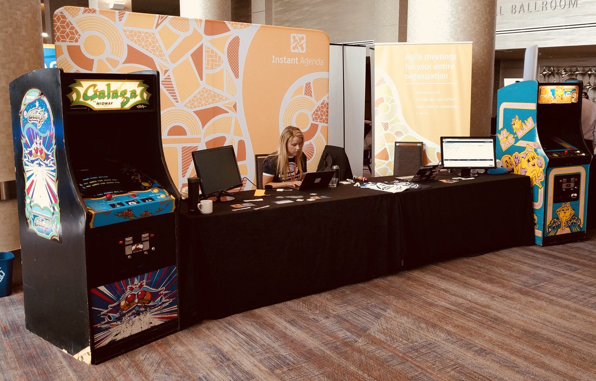 instantagenda's tweet photo. We’re at #milehighagile2018 talking about #agile #meetings. Come say hi and play a game of Galaga! #denver #scrum #retrospectives https://t.co/zWU1uL6g1u