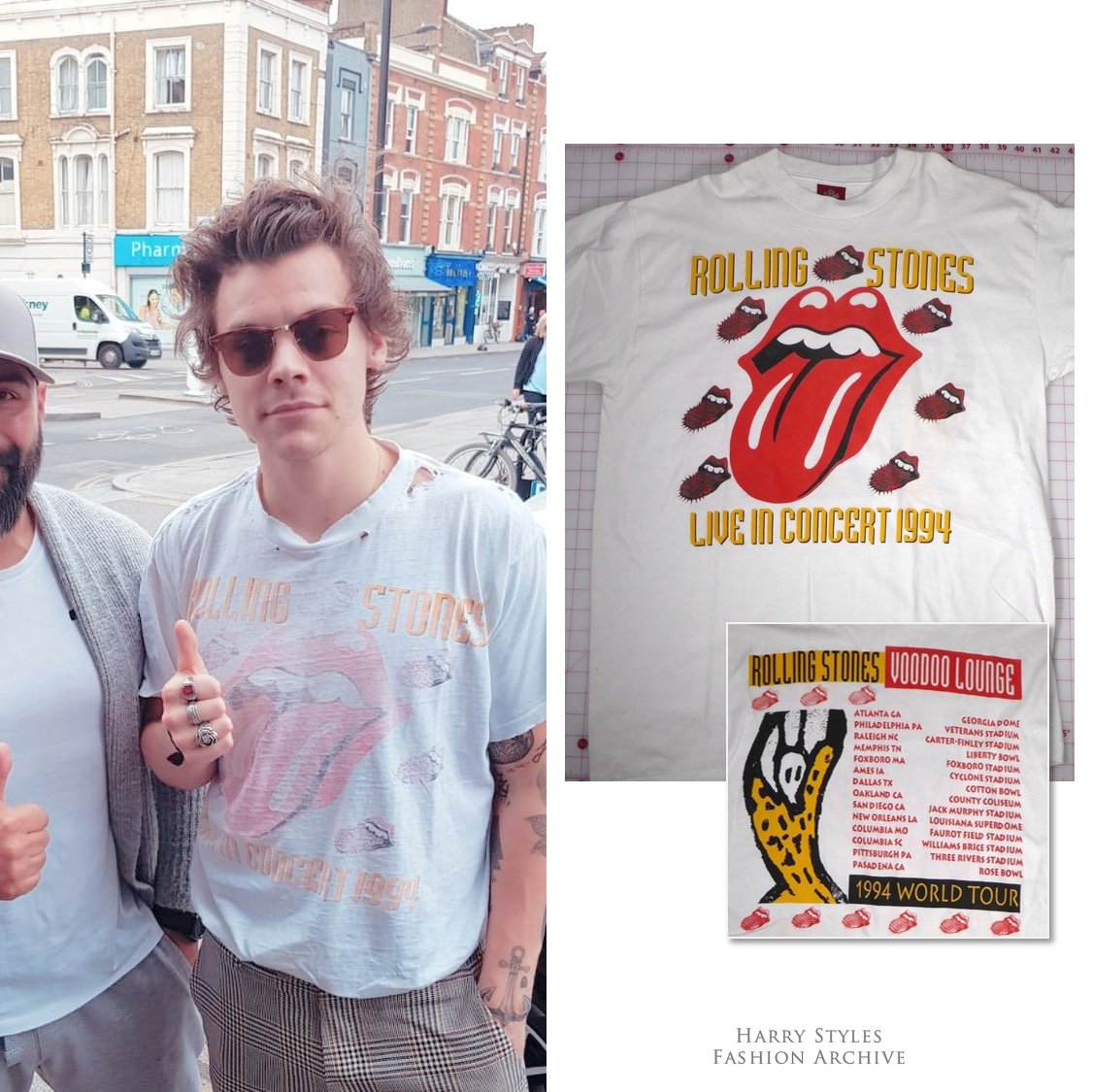 Harry Styles Fashion Archive on Twitter: "05/21/18 Harry wore a vintage Rolling Stone 1994 Voodoo Lounge World Tour t-shirt (on eBay for $199) out London. previously this shirt