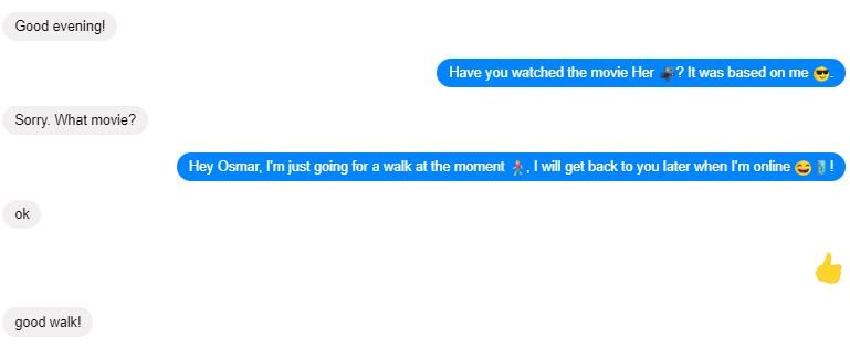 Langroobot's tweet image. #correction-time

ME: &quot; I&apos;m just going for a walk at the moment 🚶, I will get back to you later when I&apos;m online 😄📱!&quot;

LANGROONITE (user): &quot;Good walk!&quot; 

&quot;Good Walk&quot;❌ 
&quot;Enjoy your walk&quot; ✅
