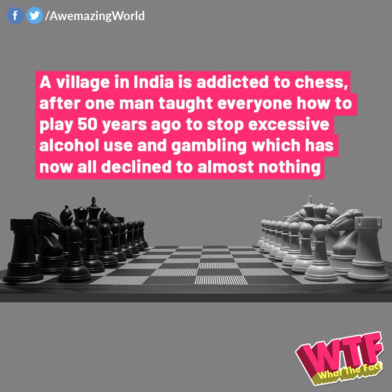 awemazingworld's tweet photo. #DidYouKnow: A village in #India is addicted to chess after one man taught everyone how to play 50 years ago to stop excessive alcohol use and gambling which has now all declined to almost nothing.

#WhatTheFact #AmazingIndia #India #Chess #SayNoToAlcohol #Awemazing https://t.co/bpKhujiPLu