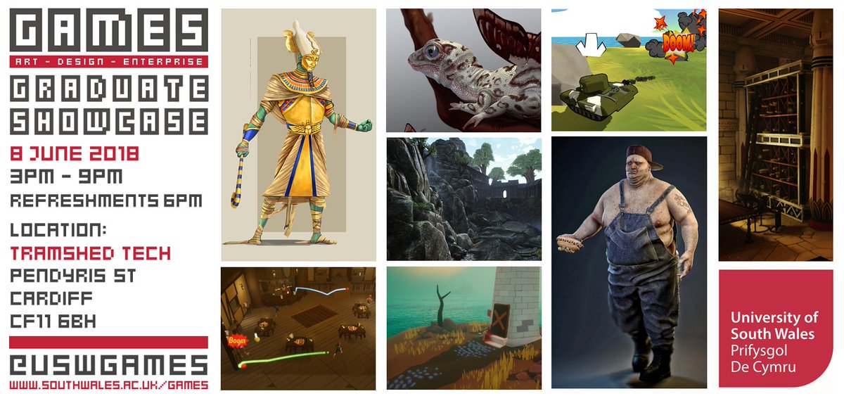 uswgames's tweet photo. USW Games Graduate Show 2018. There will be selection of final projects on show at @TramshedTech on Friday 8th June from 3 to 9pm - please come along play the great games and meet the fantastic students #gradshow #gamesedu #gamedev #cardiff @USWCreative @USWAlumni @EnterpriseUSW https://t.co/NpGPqygnUk