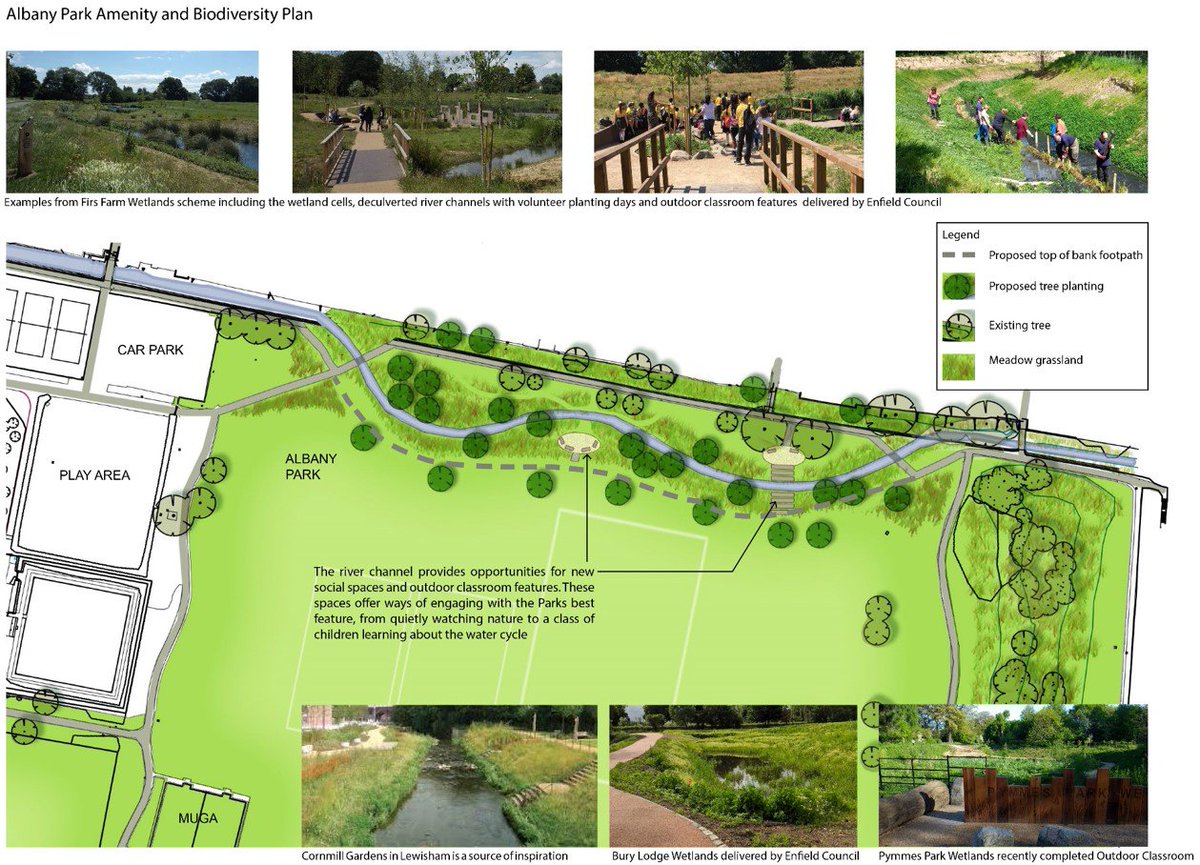 Green Capital grants project #4 Albany Park in Enfield. Restoring a concrete man-made section of Turkey Brook by creating a new naturalised channel that brings the river into the park, which will help prevent flooding &amp; improve habitats. #GreenerCityFund london.gov.uk/what-we-do/env…