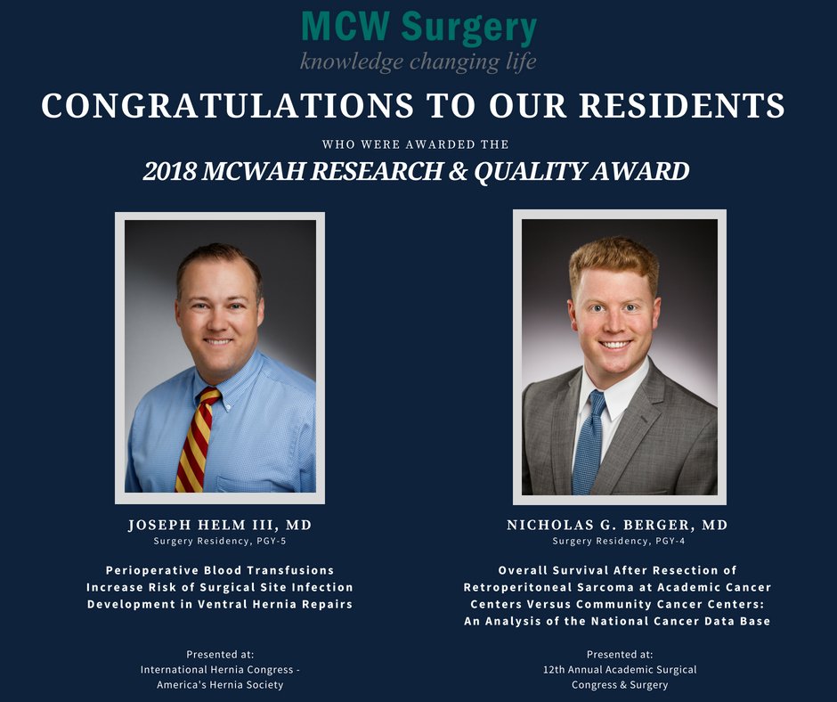 MCW Surgery (@mcwsurgery) on Twitter photo Congratulations to Joseph Helm III, MD and <a href="/ngbergermd/">Nicholas G. Berger, MD</a> for receiving the 2018 MCWAH Research & Quality Award. We are so proud of your accomplishments! Congratulations to Joseph Helm III, MD and <a href="/ngbergermd/">Nicholas G. Berger, MD</a> for receiving the 2018 MCWAH Research & Quality Award. We are so proud of your accomplishments!
