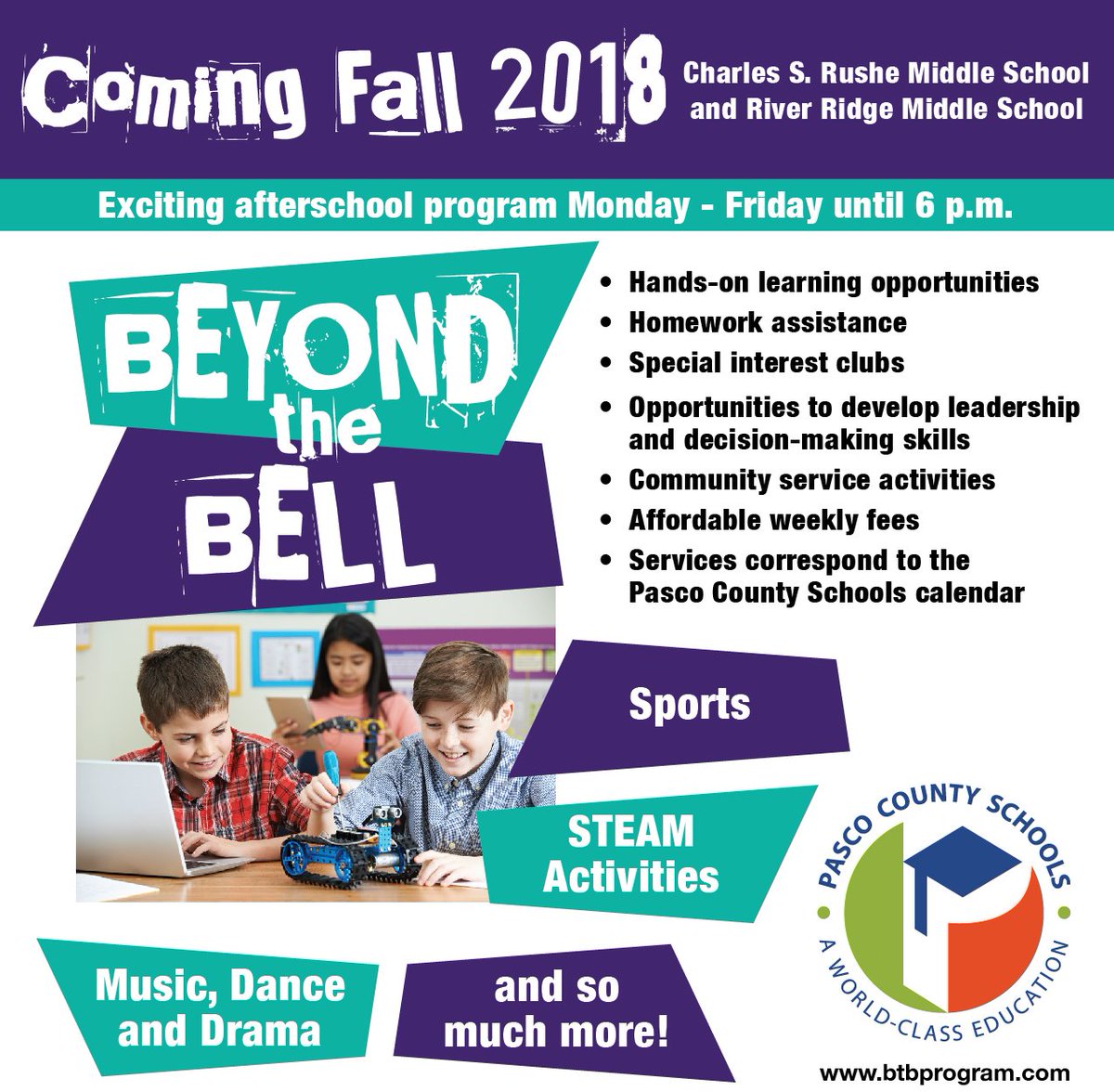 BTBProgram's tweet photo. We are very excited to announce that we will be opening "Beyond the Bell" programs at Charles S Rushe Middle School and River Ridge Middle School Fall 2018. Stay tuned for more information! https://t.co/cKuwWHgbY2