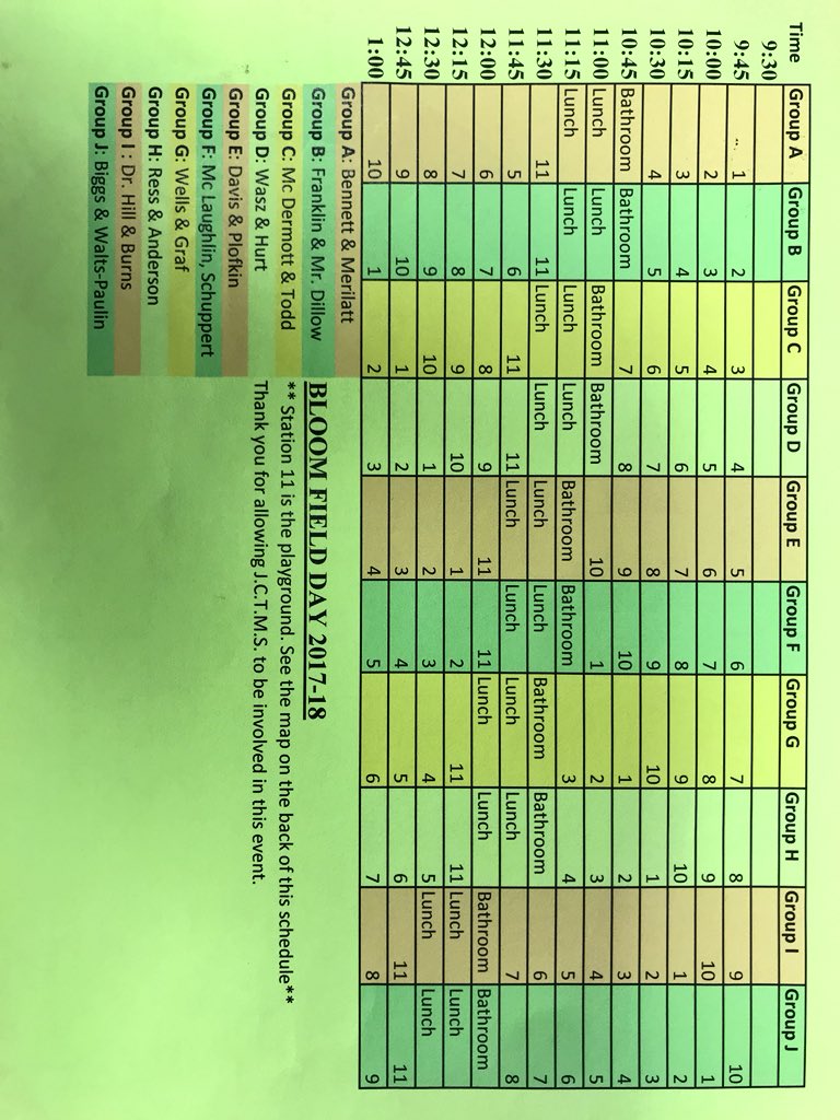 BloomBulldogs's tweet image. The schedule for today. All classes will start at 9:45. #FieldDayFun