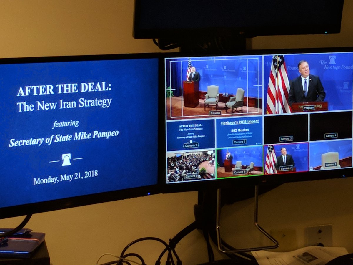 CSPAN_FieldTech's tweet photo. Secretary of State Mike Pompeo delivers remarks on “After the Deal: A New Iran Strategy” at Heritage | https://t.co/XQs61Jje8r https://t.co/M8A662nU2B