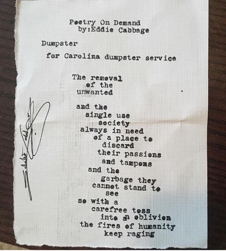 ServiceCarolina's tweet photo. Here’s a “very Asheville” tweet to start your Monday... a dumpster poem created by Poet on Demand Eddie Cabbage at an event in Feb. 
I think my dumpster request was his first for a poem. #Asheville #NorthCarolina #visitasheville #828isgreat @eddiecabbage https://t.co/r4xTrcx0we
