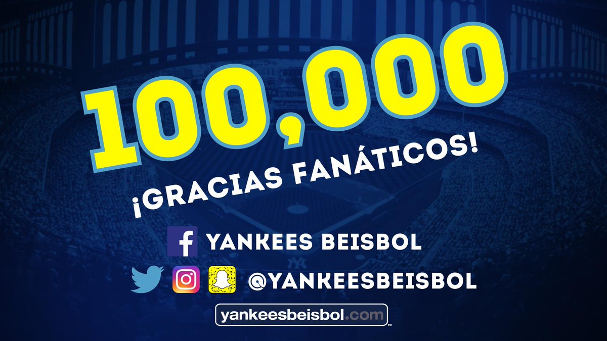 Yankees_Beisbol's tweet photo. ¡Llegamos a 100,000 fanáticos en Twitter! ¡Gracias a todos por ser parte del #PoderYankee ! Sigue nuestra cuenta de Instagram para llegar a la misma marca 👉https://t.co/WbV72ou1GW
#YankeesBeisbol https://t.co/lAoQpBgQEL